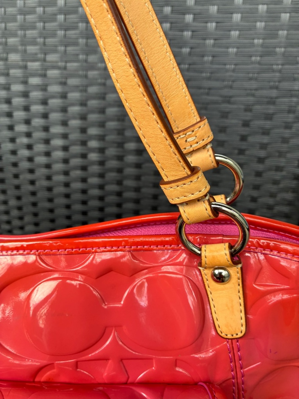 Coach Glossy Red Patent Tote with Tan Leather Straps - Picture 12 of 16